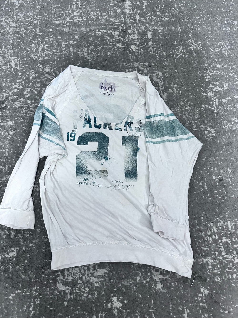 Women’s White Graphic Football Pullover Top with Teal Accents